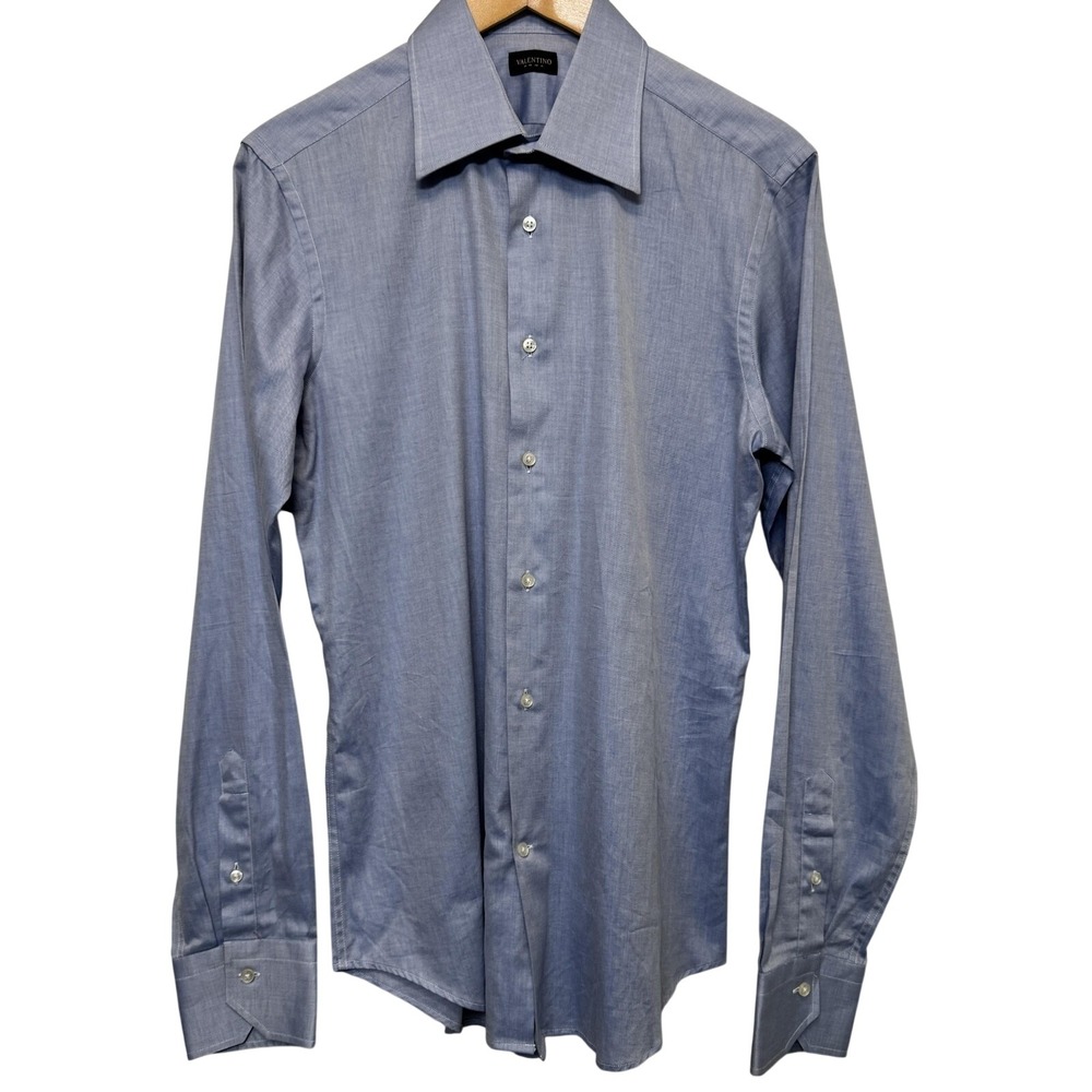 Valentino Mens Dress Shirt M (40-15 3/4) Blue Cotton Twill Professional Luxury